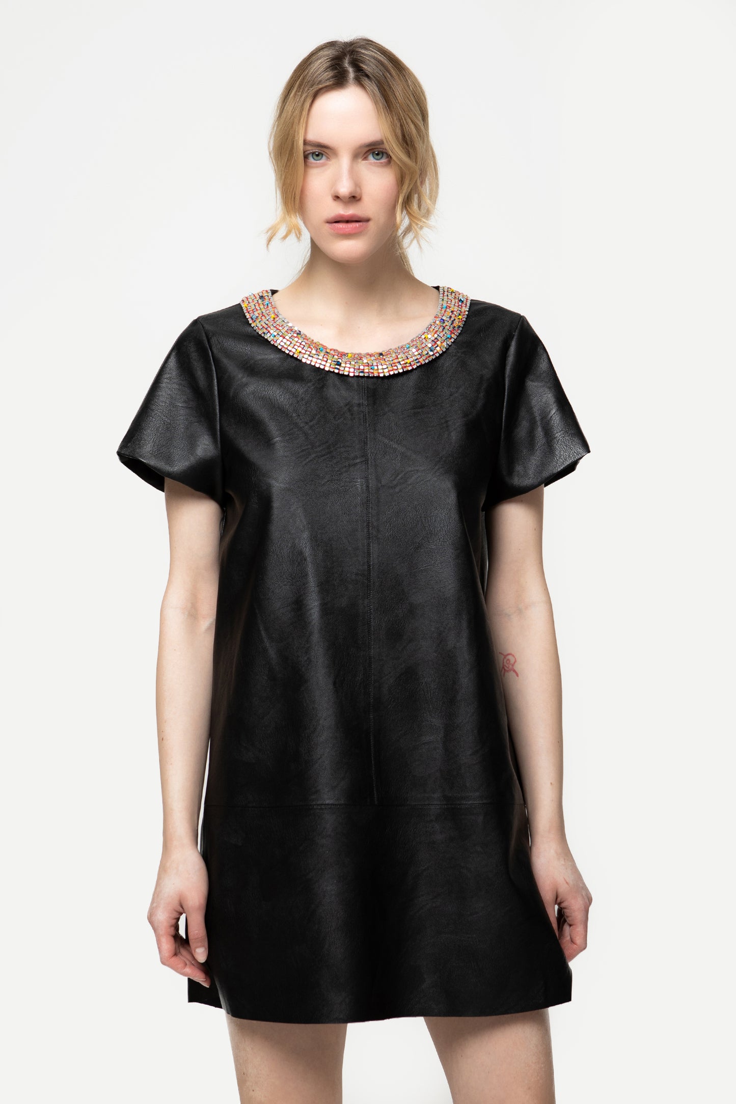 SARAH - Eco - leather mini dress with jewel neckline
