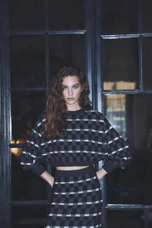 CAMILLA - Maglia crop in lana merino Damier