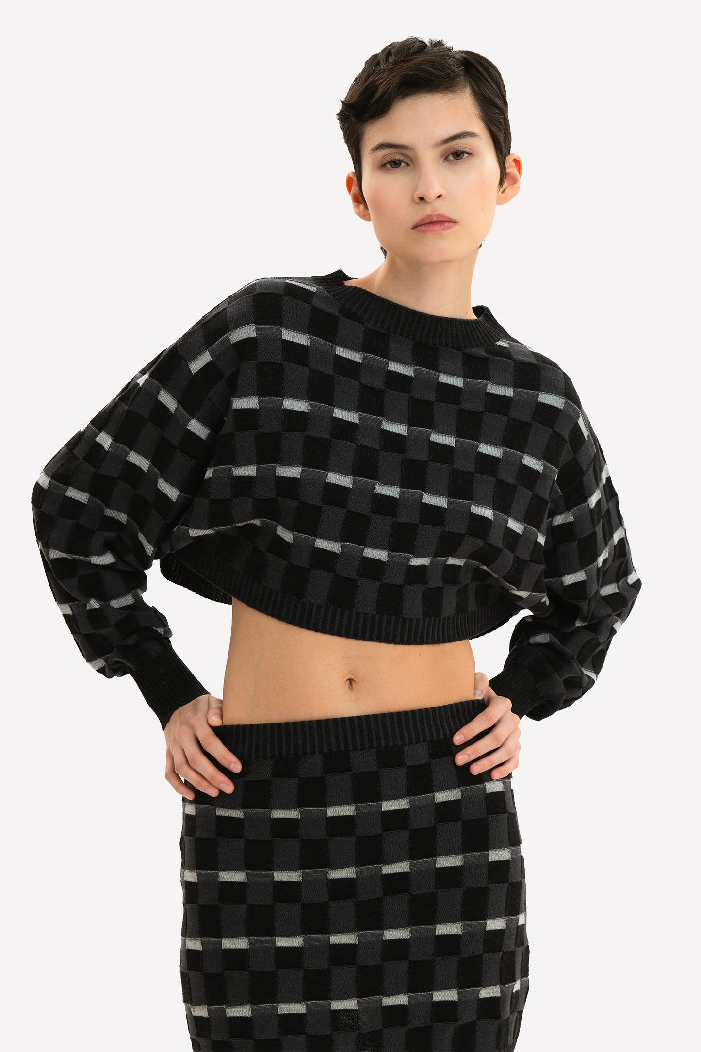CAMILLA - Maglia crop in lana merino Damier