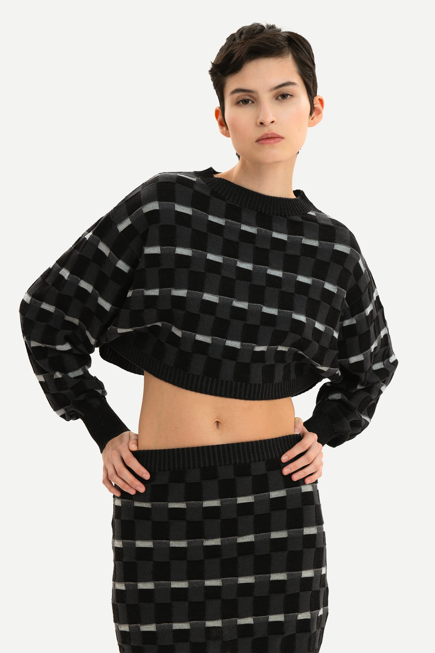 CAMILLA - Maglia crop in lana merino Damier