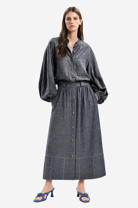 SARI - Denim-Effect Linen Skirt Azul