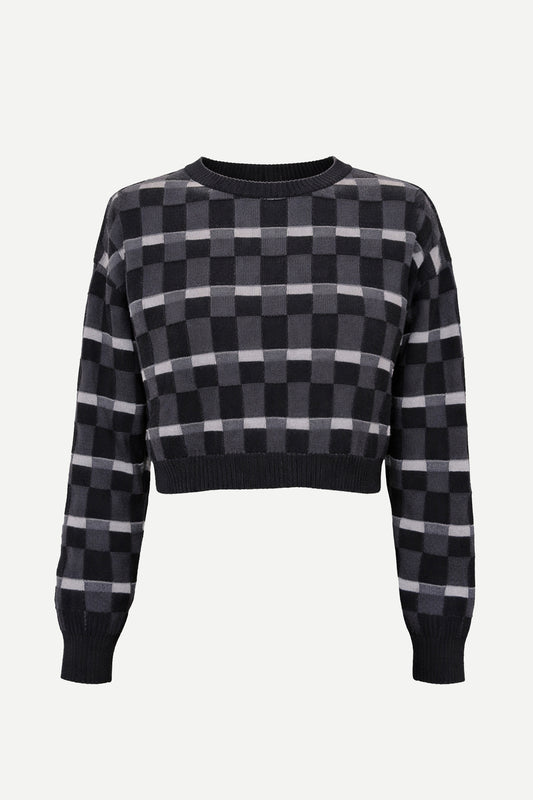 CAMILLA - Maglia crop in lana merino Damier