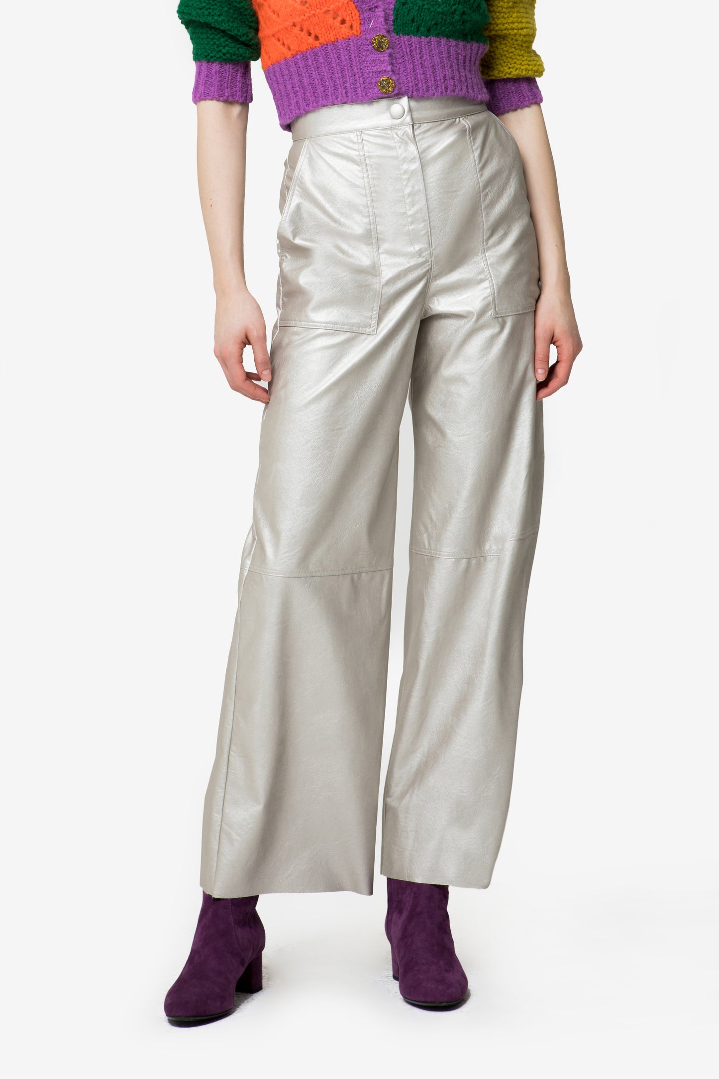 MARY – Pantalone cargo in ecopelle argento