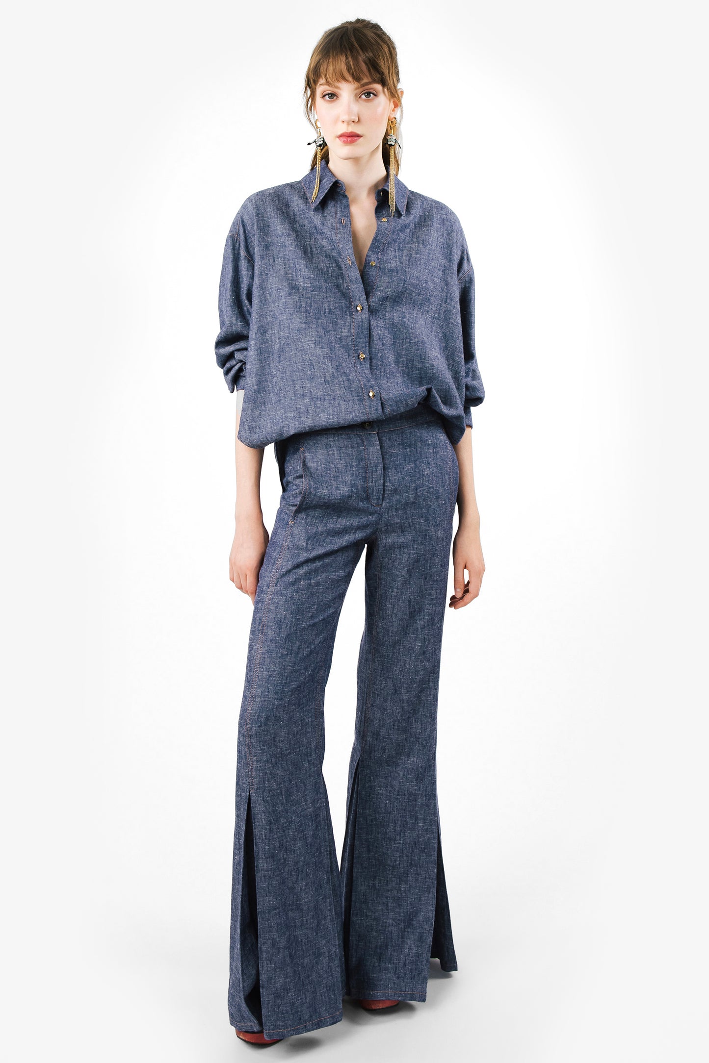 BEATRICE - Pantalone flared in lino effetto denim Indigo