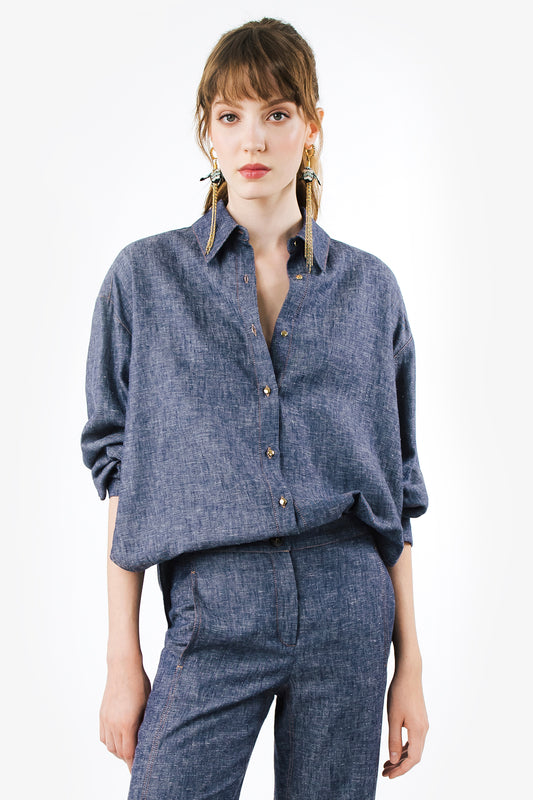 TEODORA - Camicia uomo in lino effetto denim Indigo