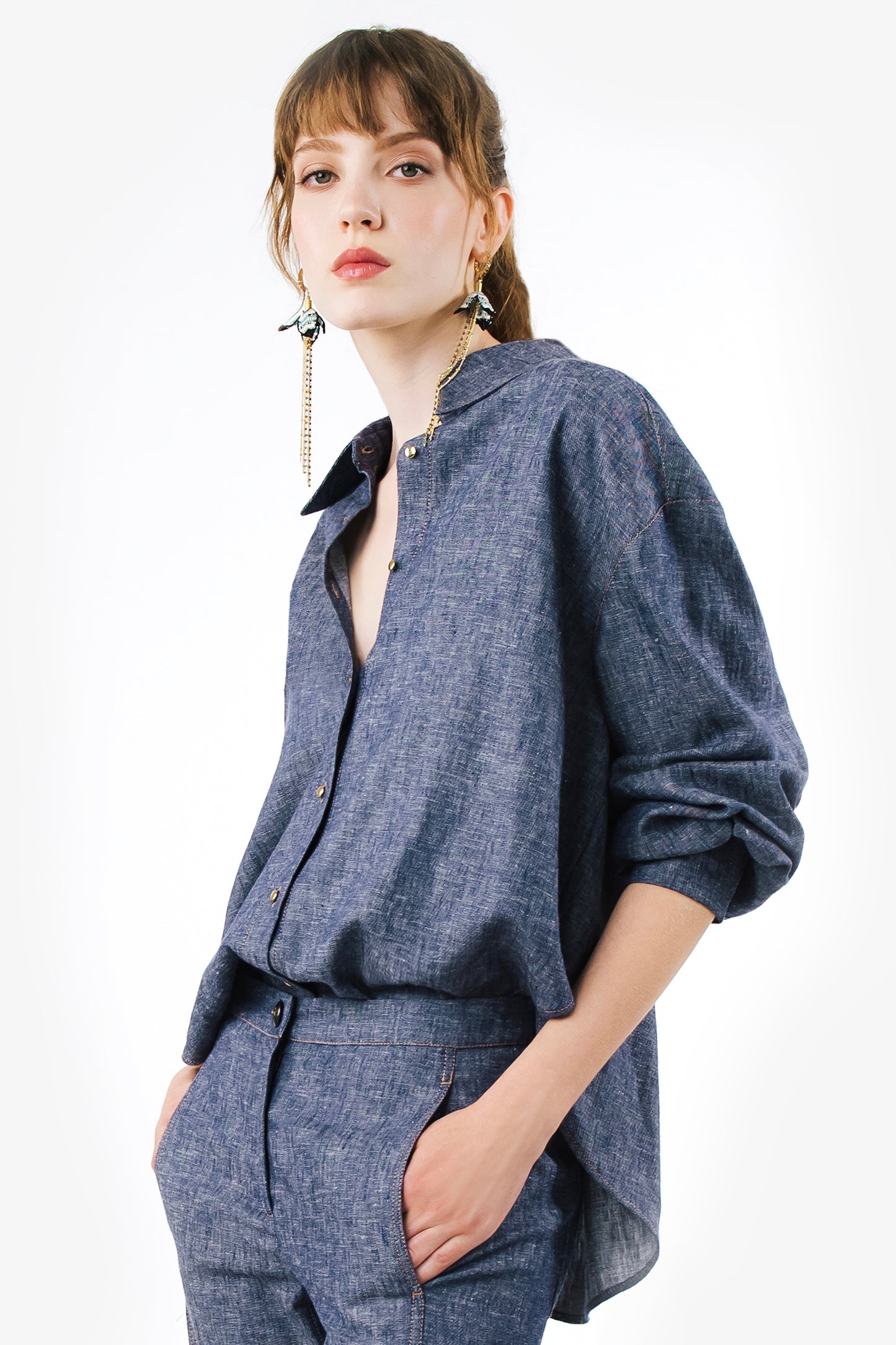 TEODORA - Camicia uomo in lino effetto denim Indigo