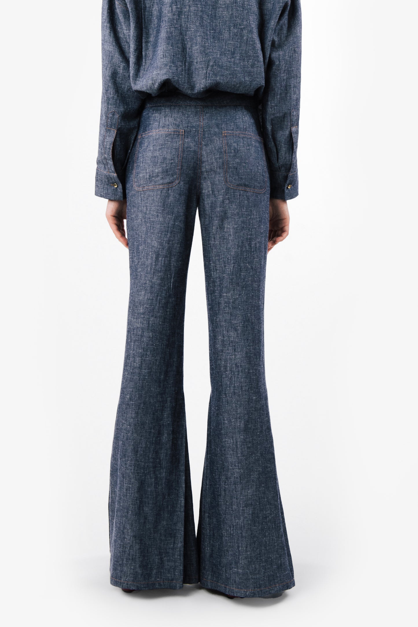 BEATRICE - Pantalone flared in lino effetto denim Indigo