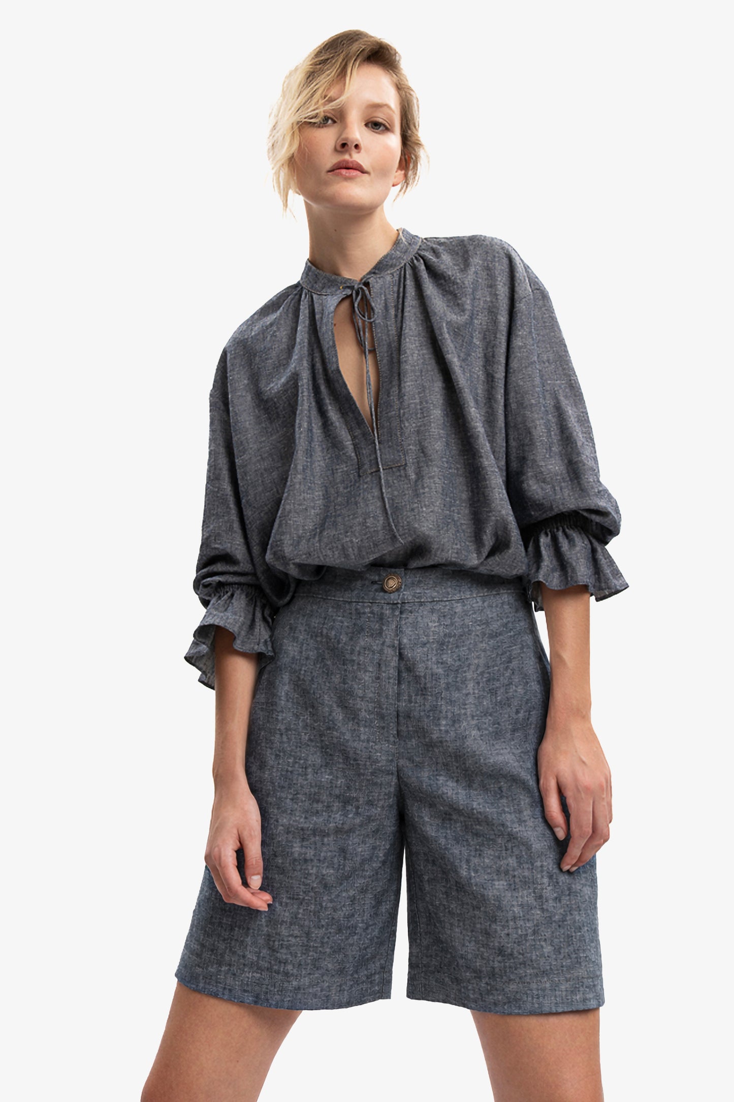 ALICE - Bermuda in lino effetto denim Azul