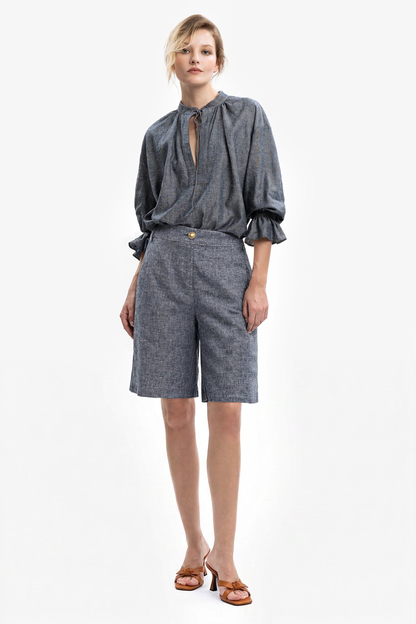 ALICE - Bermuda in lino effetto denim Azul