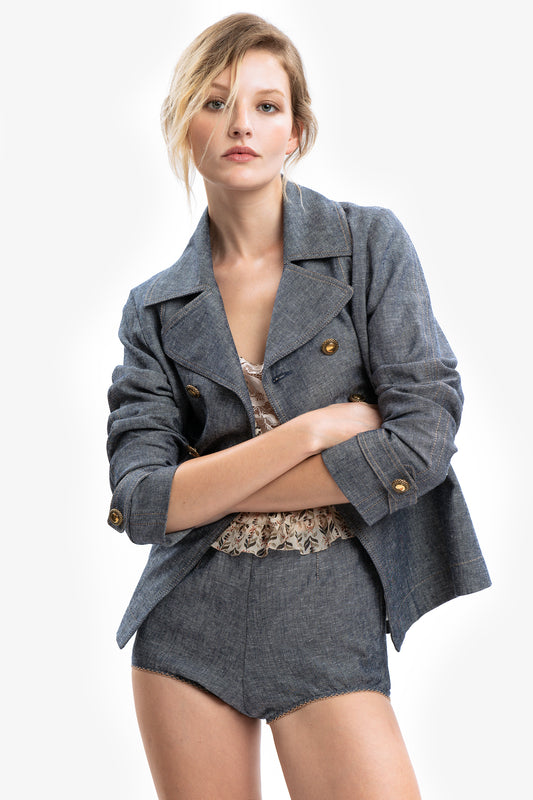 AGATA - Blazer doppiopetto in lino effetto denim Azul