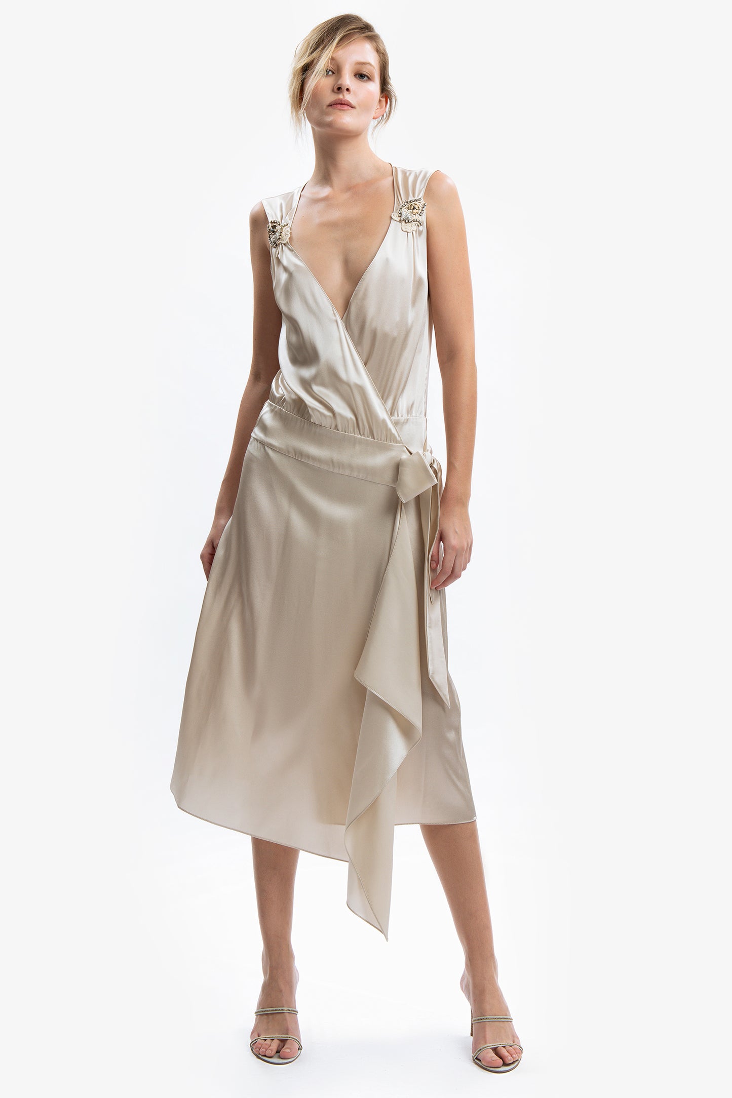 BRIGITTE - Abito midi in raso di seta Ninfea