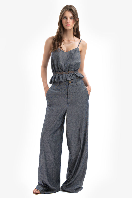 ELSA - Top in lino effetto denim Azul