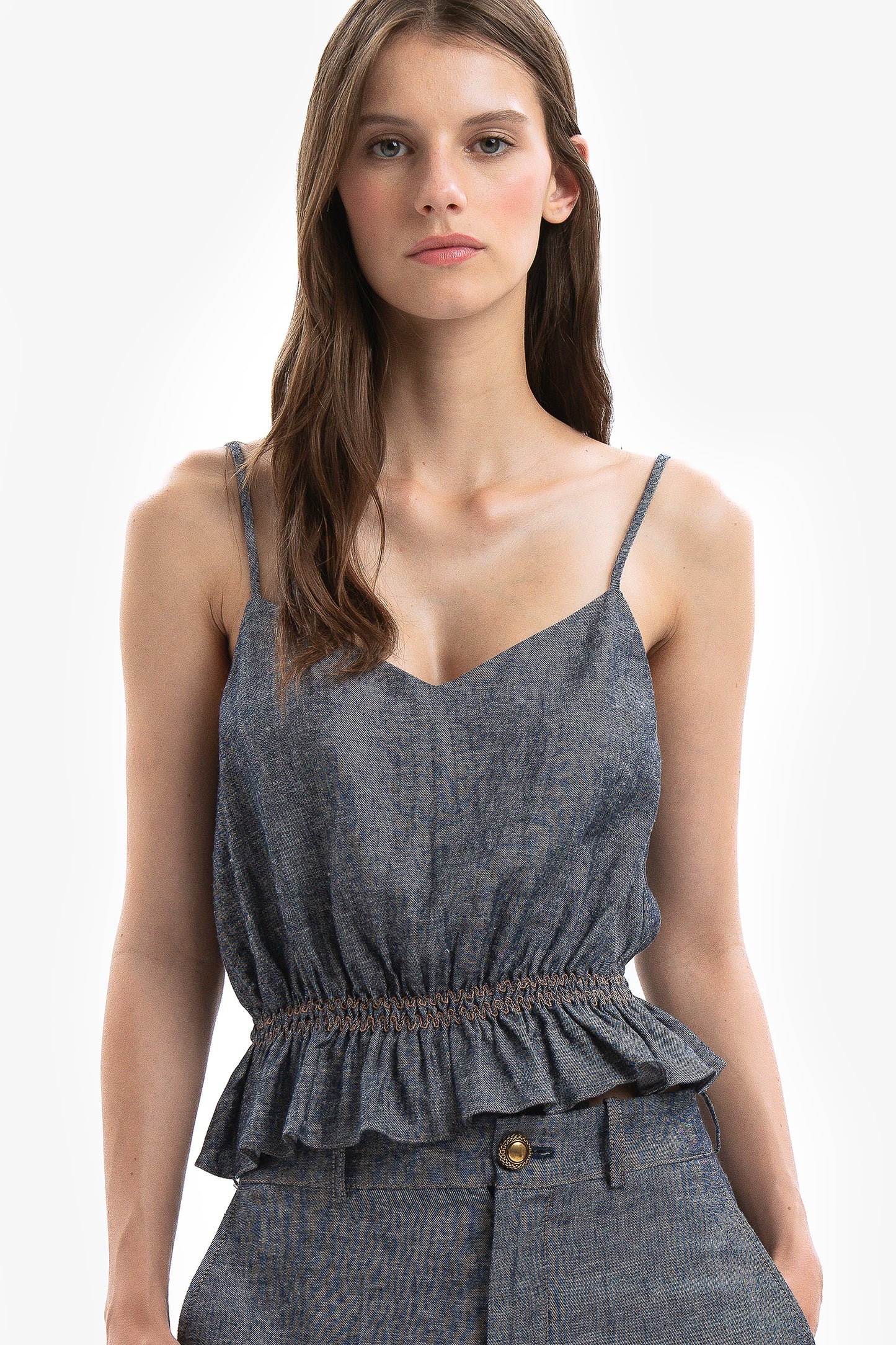 ELSA - Top in lino effetto denim Azul